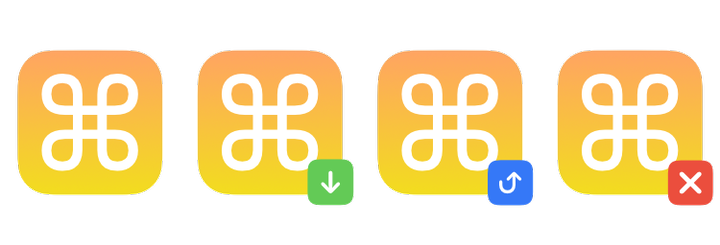 Examples of the unmodified app icon, 'install', 'update', and 'uninstall' composited icons.